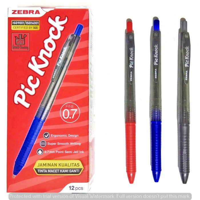 

Pulpen / Pena Semi Gel Zebra Pic Knock 0.7 mm Hitam Biru Merah - Lusinan