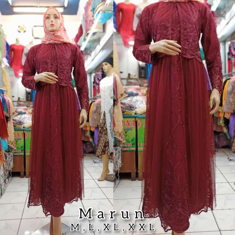 TERBARU LONG DRESS PESTA TULLE MUTIARA BORDIR / PROMO LONG DRES TULLE BORDIR TIMBUL / GAMIS PESTA