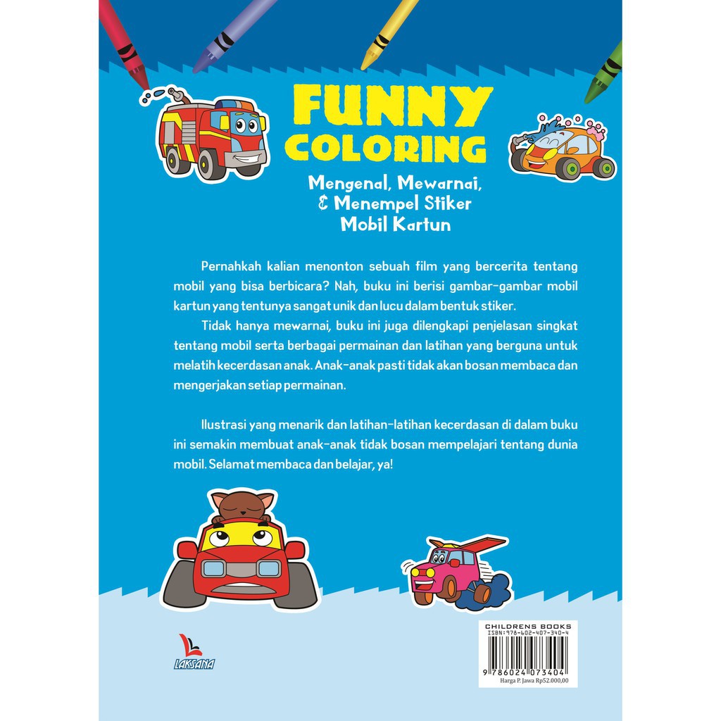 Buku Funny Coloring Mengenal Mewarnai Dan Menempel Stiker Mobil Kartun Laksana Shopee Indonesia