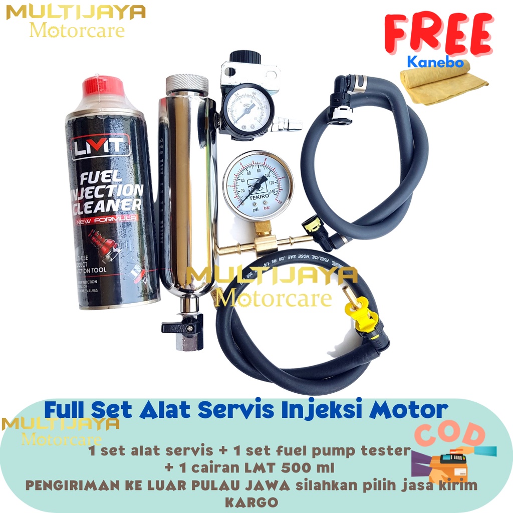 Full Set Alat Servis Motor Injeksi | Tabung Infus + Fuel Pump Tester Tekiro + Cairan Pembersih LMT