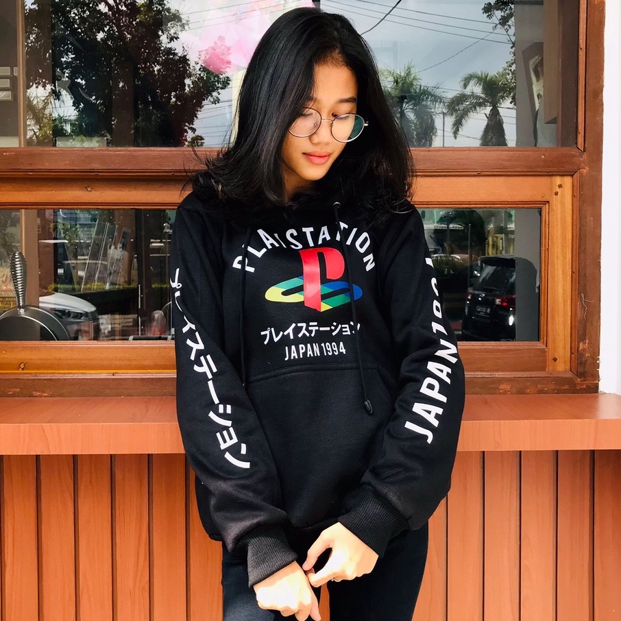 Sweater Hoodie PS Kanji Japan 1994 Black Playstation Gamer Sejati