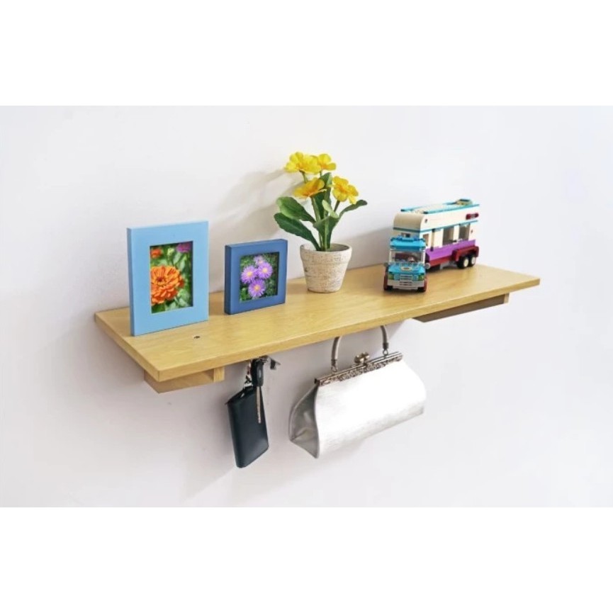 Rak Gantung Dinding 60x20x9cm - Ambalan Dekorasi Dinding 5 Hook Simple Ambalan Kayu