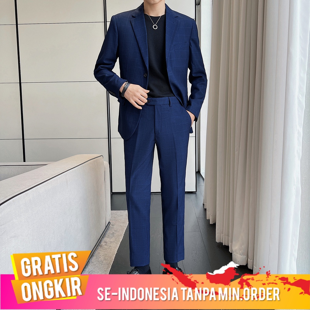 Jas Pria 2022   Pria Kasual Suit  Korea Slim Fit Kotak-kotak Baju Dua Potong Slim Fit  Suit Hist