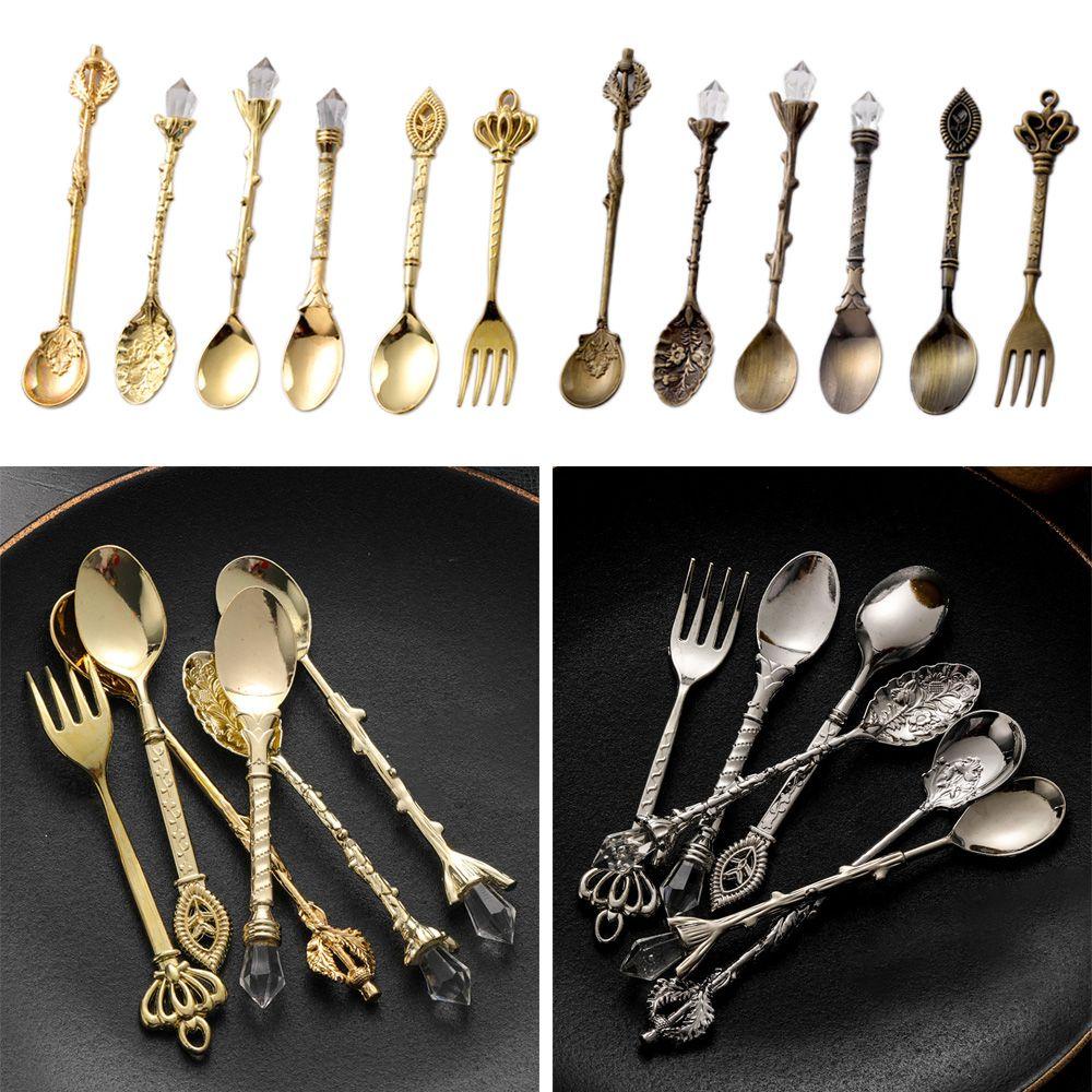 Preva Vintage Sendok Garpu Alat Dapur Ukir Emas Reusable Untuk Kopi Makanan Ringan Buah Dessert Fork