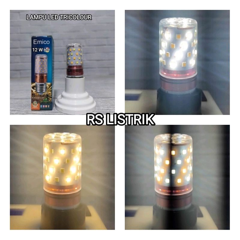 EMICO LAMPU CANDLE LED 12W TRICOLOUR PUTIH + WARM WHITE 3000K E27 TIGA WARNA