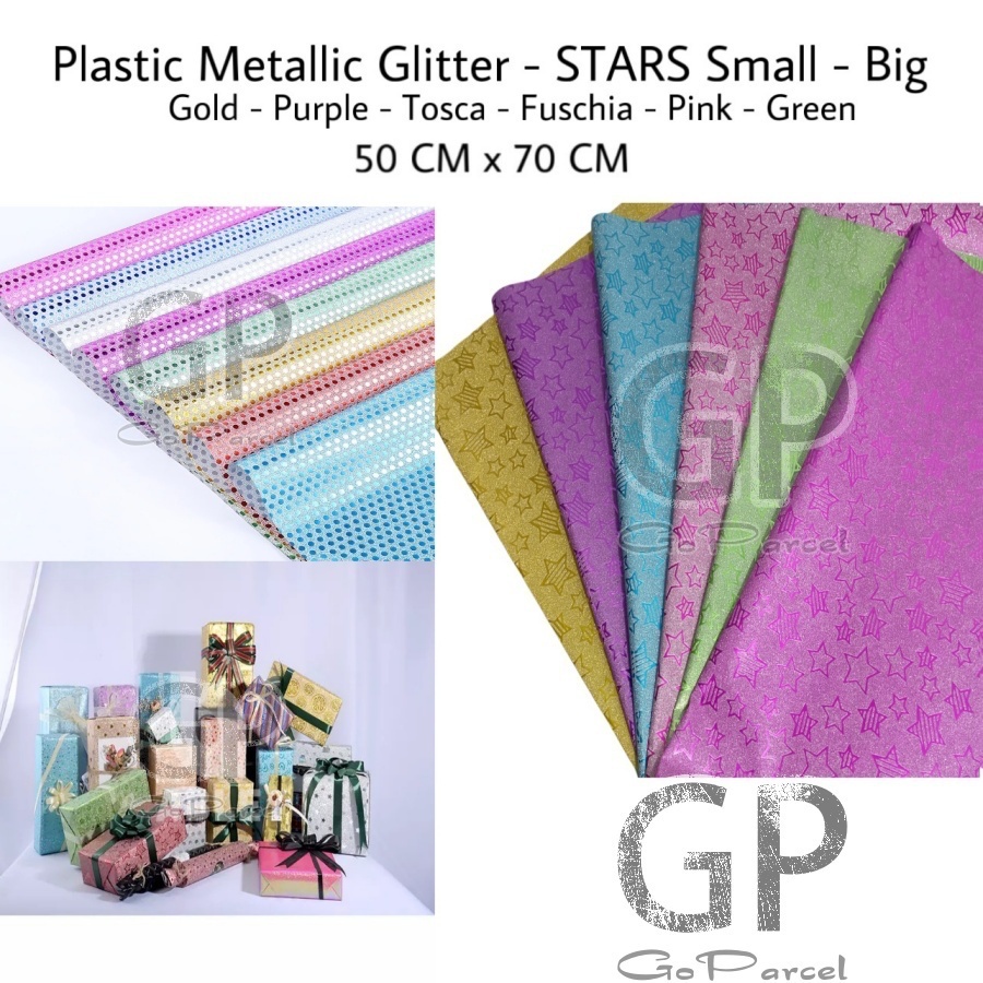 ( 3 Lembar ) PLASTIC METALLIC GLITTER STARS - PLASTIK KADO METALIK GLITER PASIR BINTANG STAR SILVER GOLD CLASSIC VINTAGE EXCLUSIVE EUSTHATIC