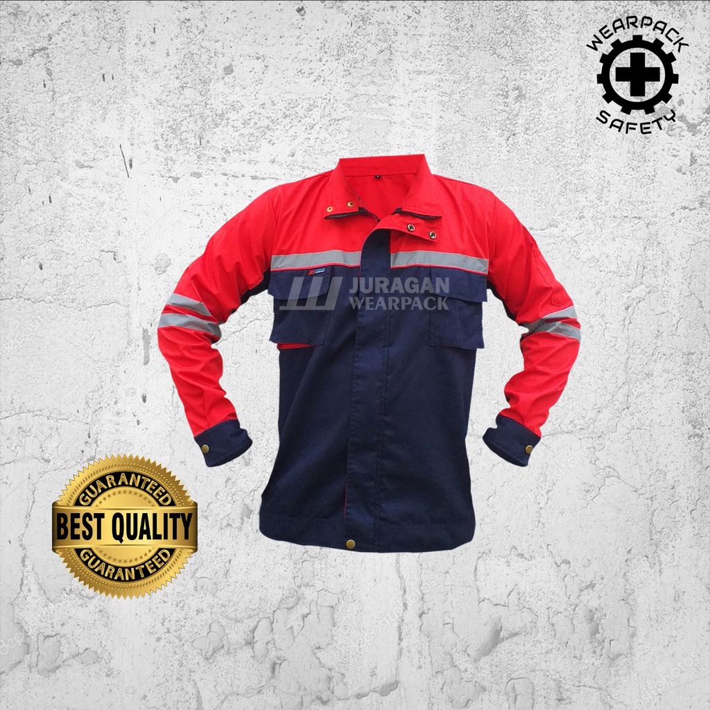 Wearpack Safety Semi Jaket / Wearpack Kerja Warna Merah Kombinasi Biru Navy