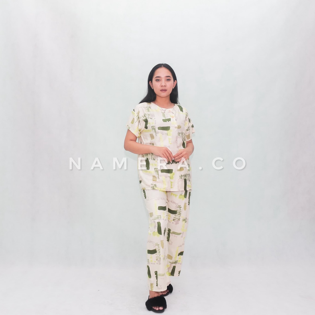 Pakaian Wanita Baju Tidur Celana Panjang Lengan Pendek  One set Rayon