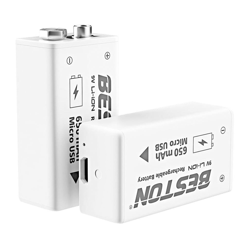 Baterai Isi Ulang BESTON 9V, Baterai Isi Ulang Li-ion 650mAh 9 Volt dengan Pengisian Mikro USB