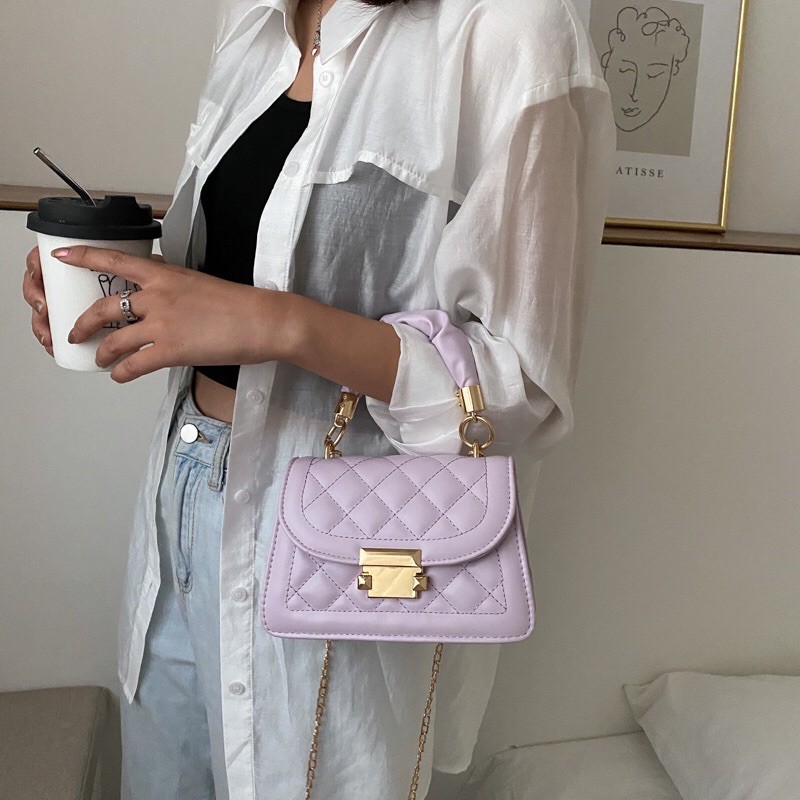 SCHRUNCIE SLING BAG KOREA FASHION TRENDI TALI RANTAI, TAS LILAC HITAM PUTIH, TAS IMPORT MURAH 2020