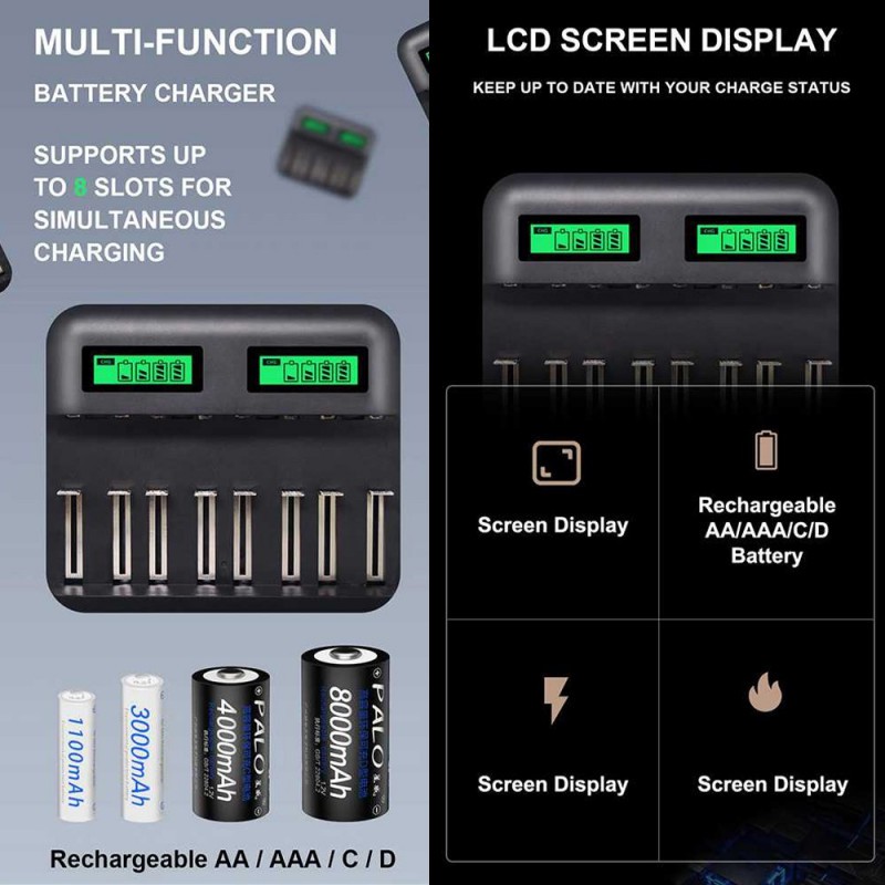 Charger Baterai Casan 8 Slot Dual Proteksi LCD USB Micro-Type C