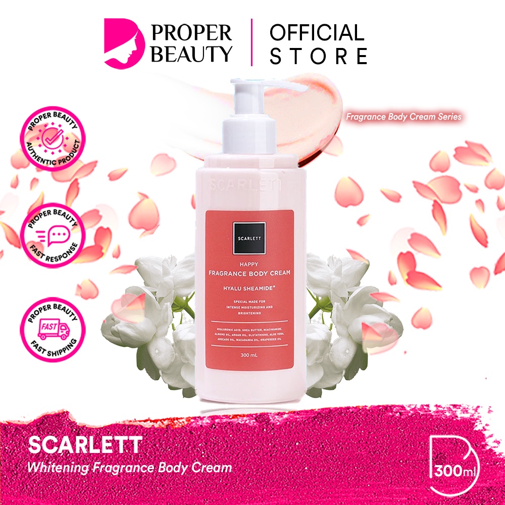 SCARLETT Whitening Fragrance Body Cream Indonesia / Body Care / Perawatan Kulit Tubuh / Happy Freshy Jolly Charming Romansa Fantasia Pomegrante Coffee 300ml / Moisturizer Pelembab Parfum / Shower Scrub Serum Lotion / Skincare Series Package Paket Lengkap