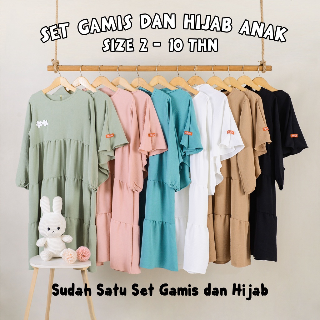 Ramadhan SALE  - Man Jadda Setelan Baju Gamis Anak dan Hijab 2-10 Tahun Crinkle Airflow Stelan Gamis Manasik Anak Nazeela Series Image 2