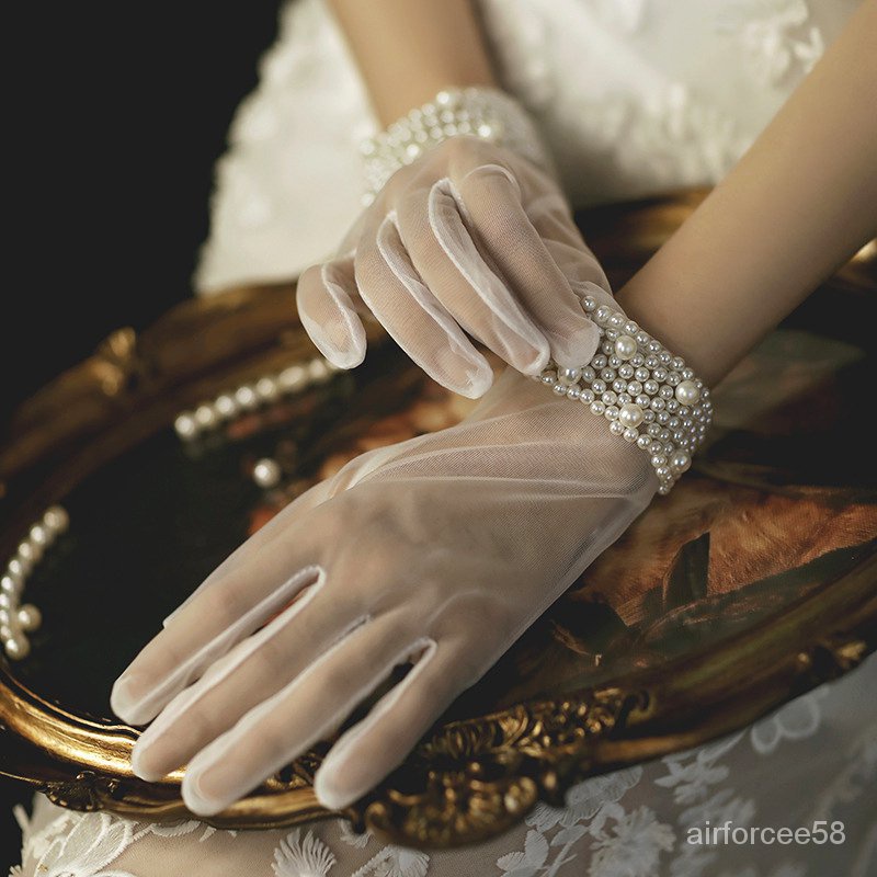Elegant Women Transparent mesh Finger Sunscreen Mittens Sexy Female Etiquette Performance Pearl Lace