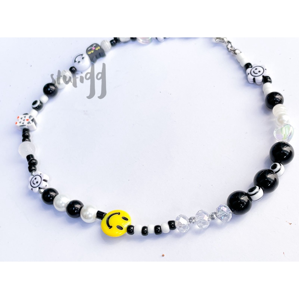 BISA COD Kalung Choker Manik Black White Mix Smile Yellow Necklace Beads Korean Korea Kalung Unisex 