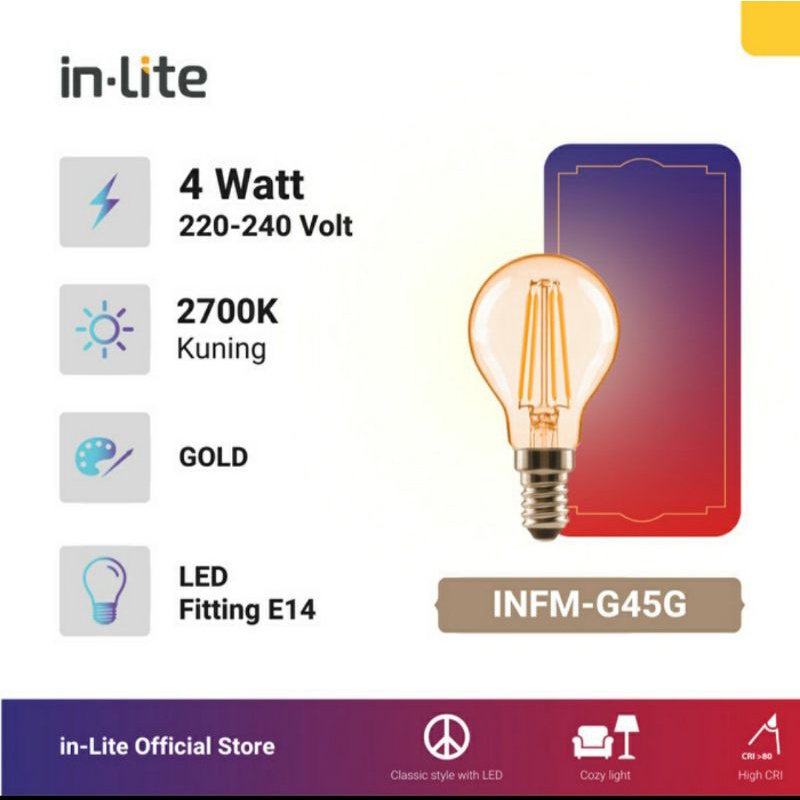 Lampu LED Filament 4 Watt Warm White E14 In-Lite G45 Gold