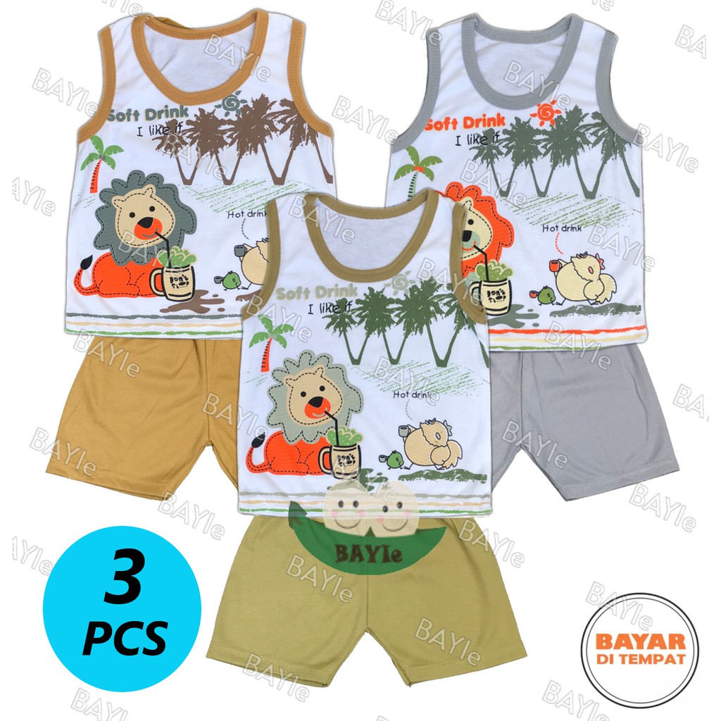 BAYIe - 3 SET Setelan Kaos Oblong Bayi / Anak KUTUNG PUTIH Motif GAJAH MAKAYLA umur 3 - 18 bulan