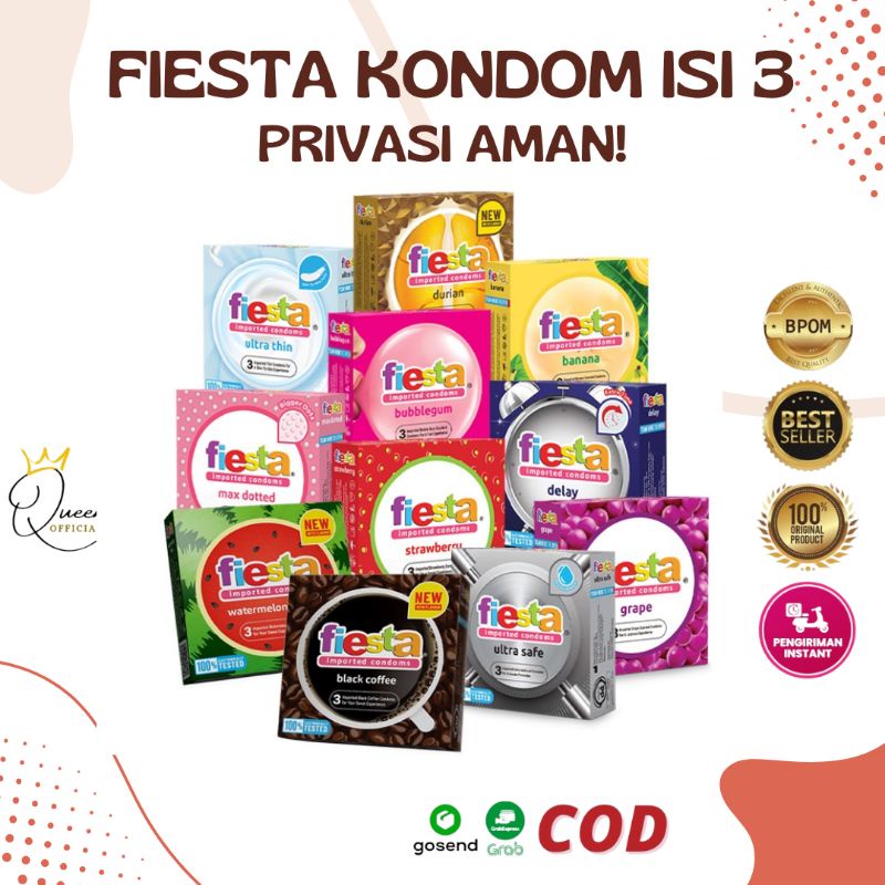 Fiesta KONDOM isi 3 Durian- Ultra Thin- Max dotted -  Strawberry- Delay- Grape- Banana- Ultra Safe - Bubble Gum-Watermelon-Black Coffee
