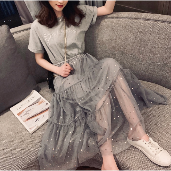 Gaun Dress French Niche dua potong gaun temperamen Rok payet mid-length mesh Rok Fashian Casual