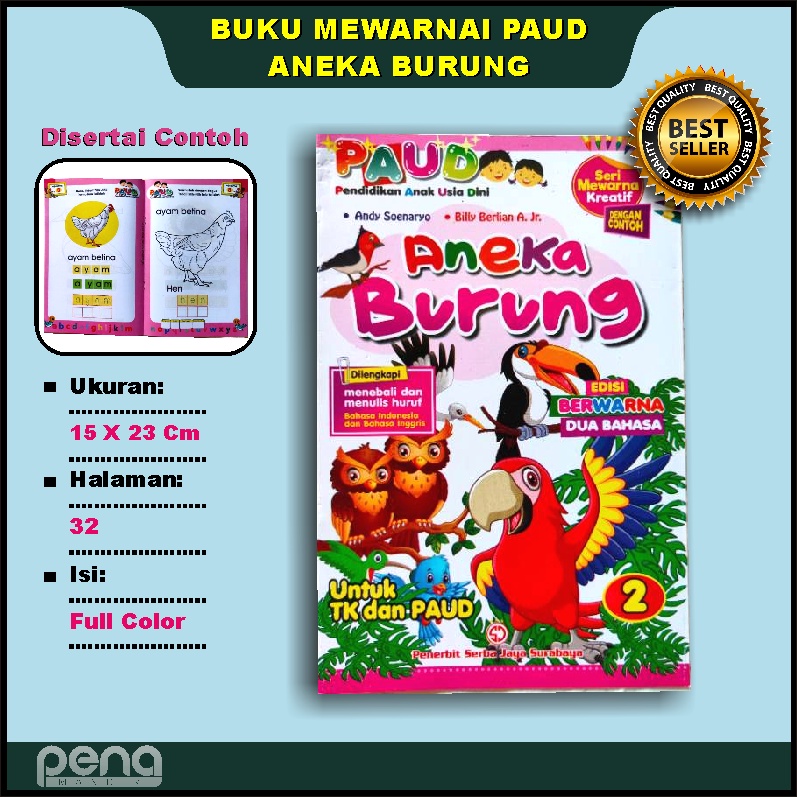 Buku Paud Mewarnai Kreatif Aneka Burung Menebali dan Menulis Huruf Serba Jaya