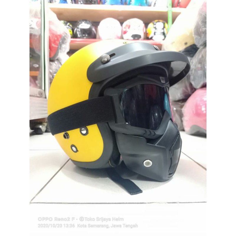 HELM BOGO,HELM RETRO YELOW DOF PLUS GOGLE MASKER