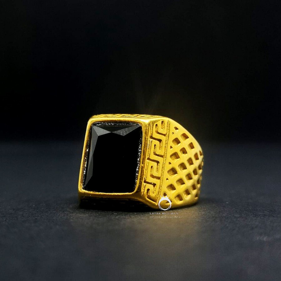 Cincin Pria Titanium Anti Karat Warna Gold Black Onyx Asli Original 03