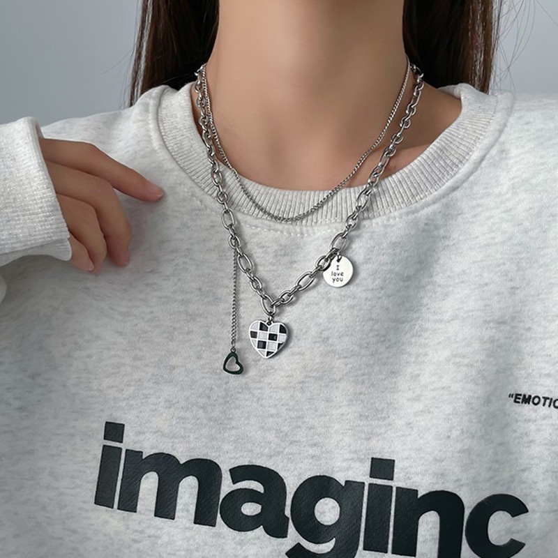 AY(CN) Kalung Choker Rantai Rumbai Ganda Warna Hitam Dan Putih Dengan Liontin Hati Untuk Wanita