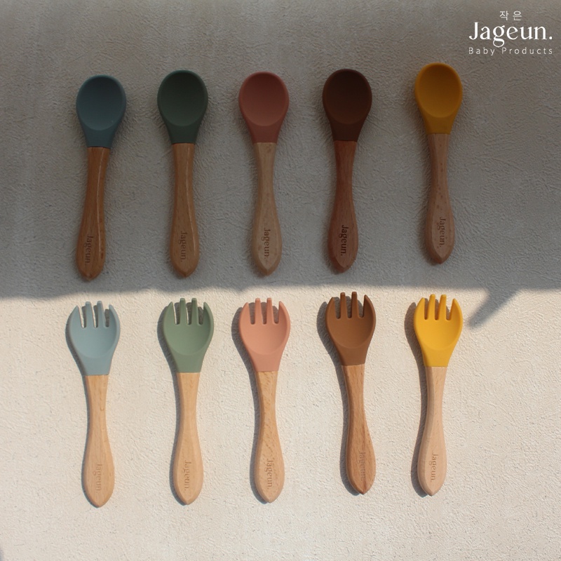 JAGEUN Premium Silicone Wood Spoon n Fork | Sendok Garpu Kayu Bambu Set Alat Makan MPASI Bayi