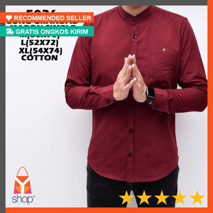 POPULER  kemeja pria lengan panjang maroon koko kerah Shanghai - Maroon, M
