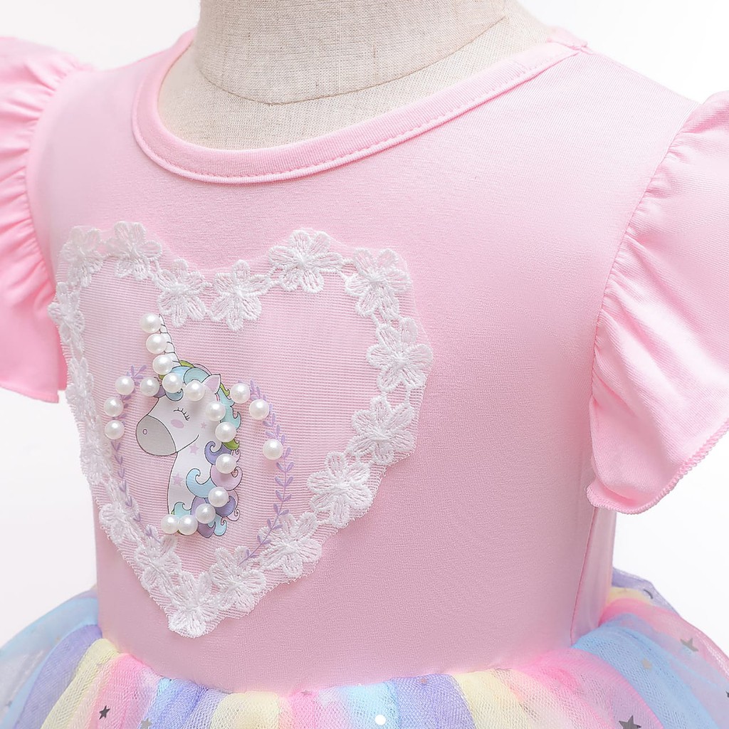 UNICORN HEART DRESS LENGAN PENDEK PANJANG / DRES PESTA RAINBOW / GAUN PRINCESS ANAK TUTU PELANGI