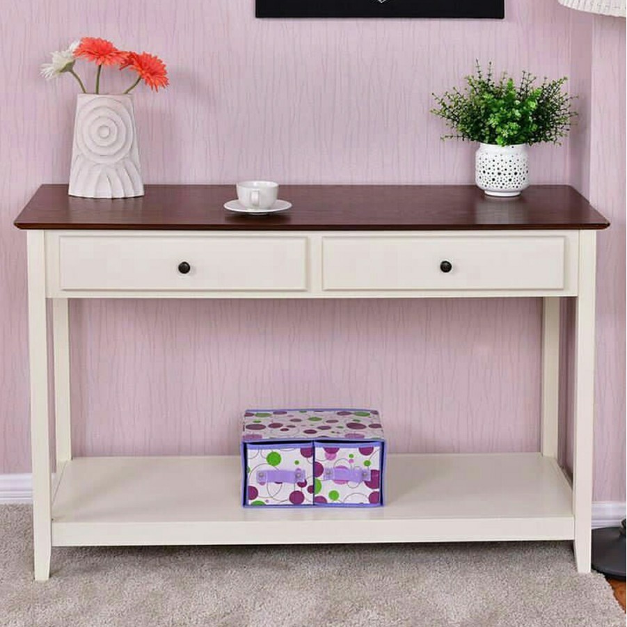 Meja Konsul Kayu Mahoni Cat Duco Putih Coklat Ukuran 110x40x80 Pengiriman dari Jepara