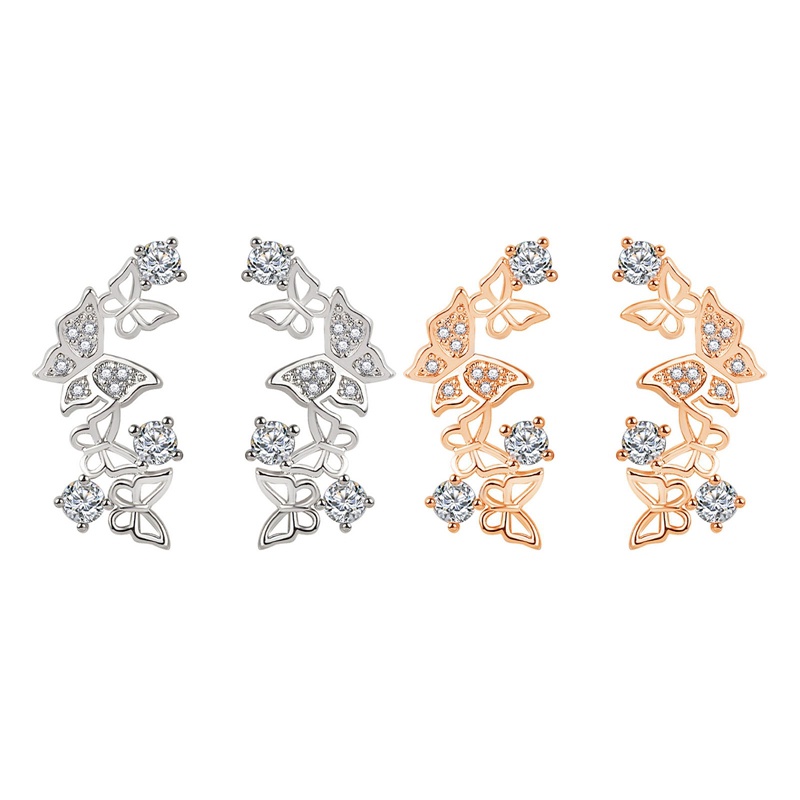 2pcs Anting Stud Desain Kupu-Kupu Aksen Kristal Warna Silver Dan Emas Untuk Wanita