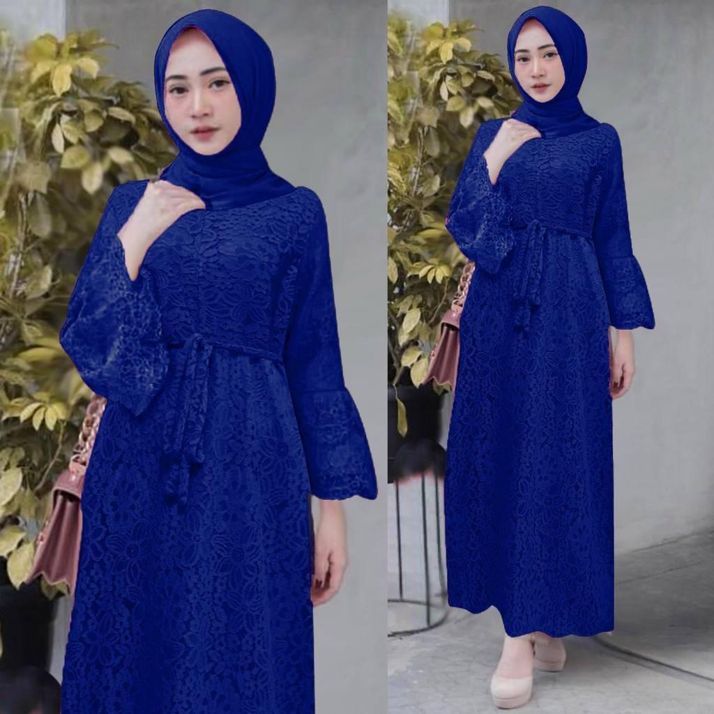 CANNIES - Gamis Yasina Brukat Premium Gamis Pesta Nikahan L Biru Elektrik
