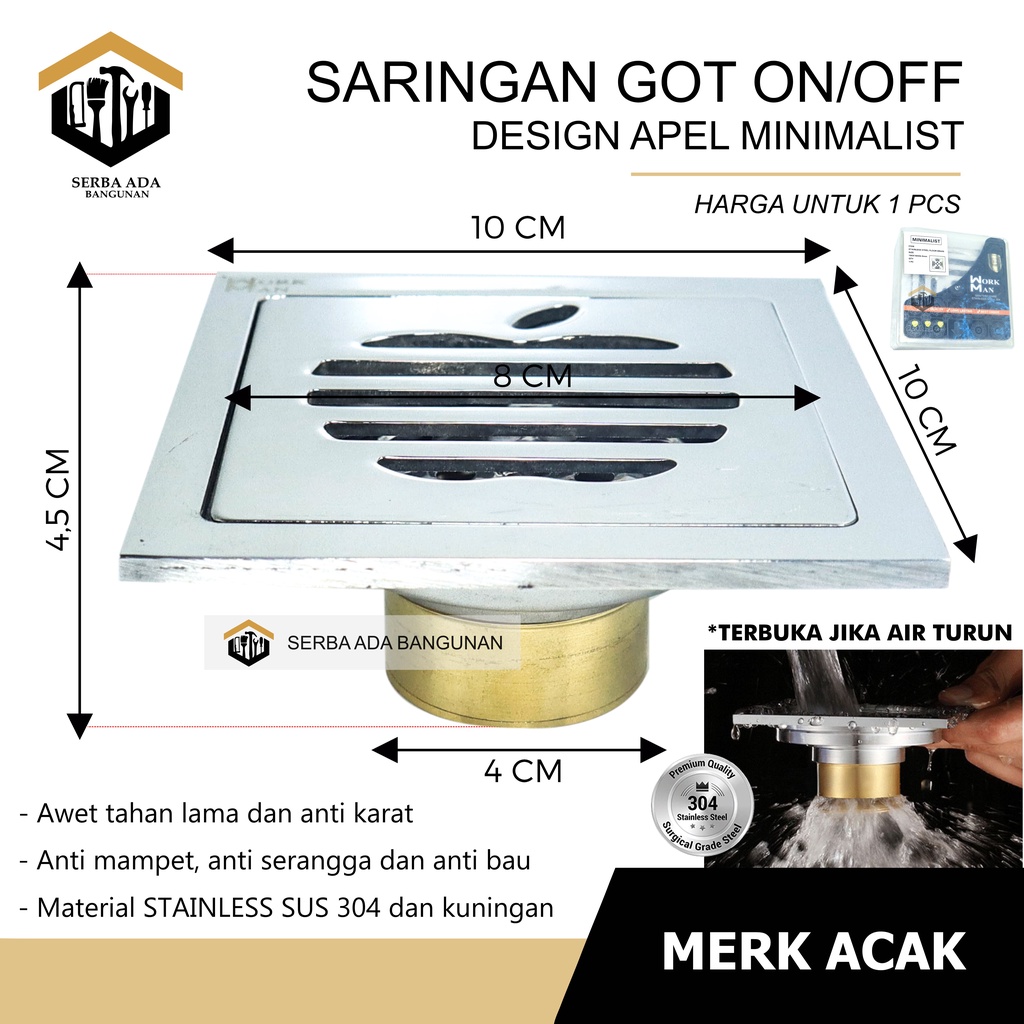 Floor Drain Sargot Kuningan Stainless - 4 Inch Model On Off ( OTOMATIS BUKA TUTUP) SARINGAN GOT ANTI BAUT KECOA