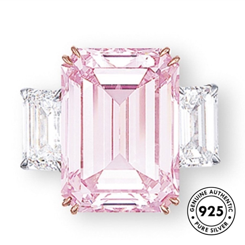 Cincin Silver S925 Hias Kristal Persegi Warna Pink Untuk Wanita