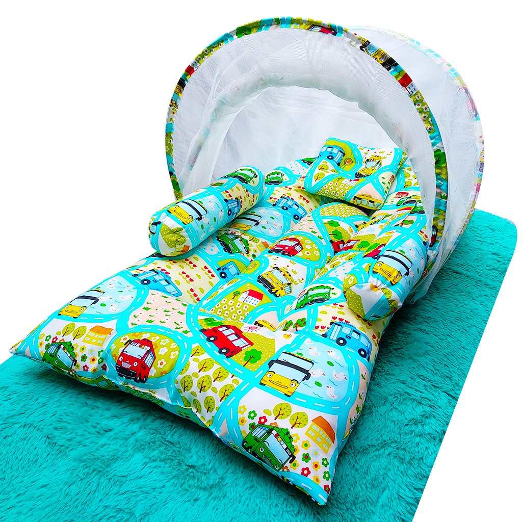 Tempat Tidur Bayi Motif Tayo / Kasur Bayi Lipat Kelambu / Perlengkapan Bayi Baru Lahir Set