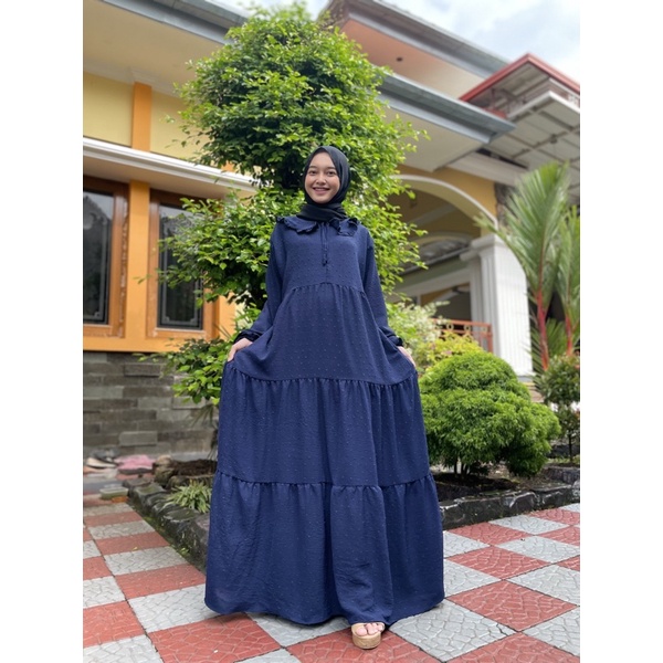 Gamis Jumbo long Dress Gamis Lebaran Idul fitri Gamis rubiah Crincle kerah korea Gamis rubiah Umpak-Navy