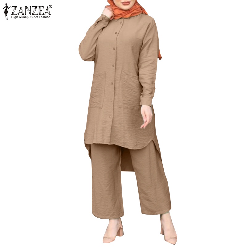 ZANZEA Women Full Sleeved Casual Loose Solid Blouse Suits Muslim Sets