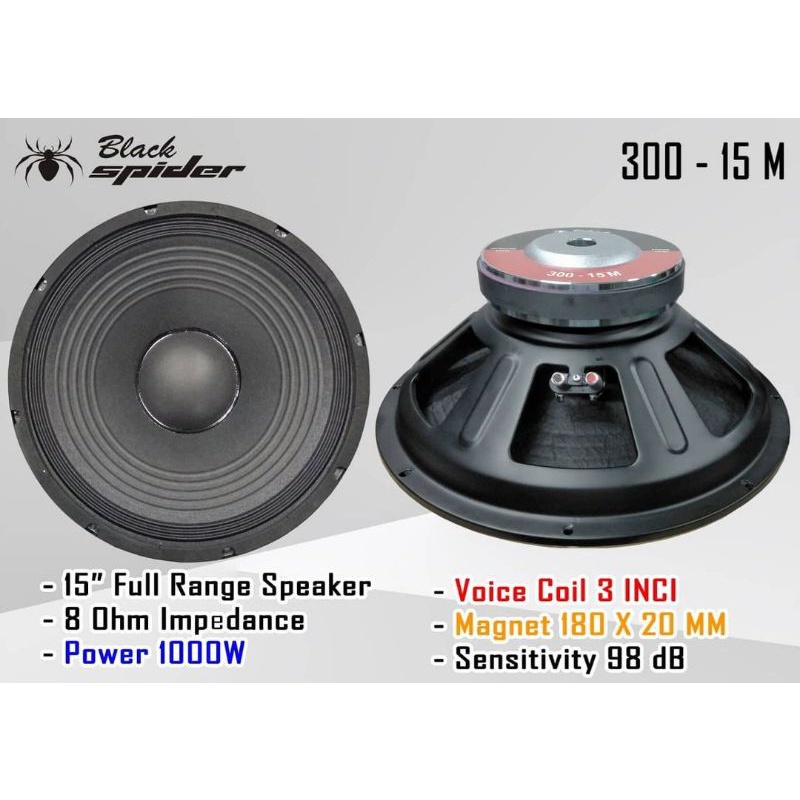 Speaker 15 Inch Coil 3 Inch BlackSpider 300-15M 1000 Watt Mid Low Sub