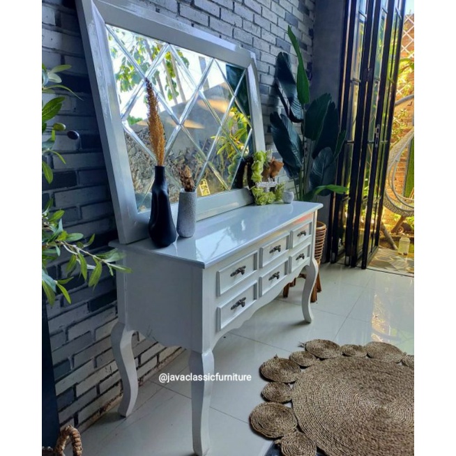 SET MEJA RIAS CONSUL FIGURA MIRROR CERMIN KACA BEVEL SCANDINAVIA TOLET HIAS WARNA PUTIH DUCO MEWAH BAHAN KAYU MAHONI OVEN KERING FURNITURE JEPARA-1