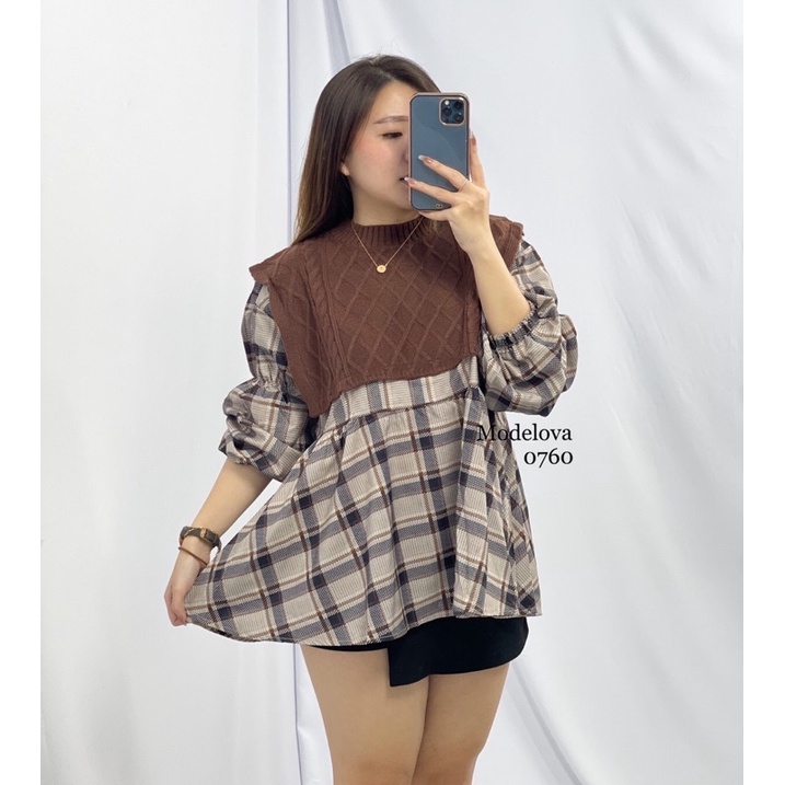 MDLV ~ BM 0760 PLAID BABYDOLL TOPS KOREA BLOUSE RAJUT COMBI ATASAN RAJUT IMPORT FASHION IMPORT