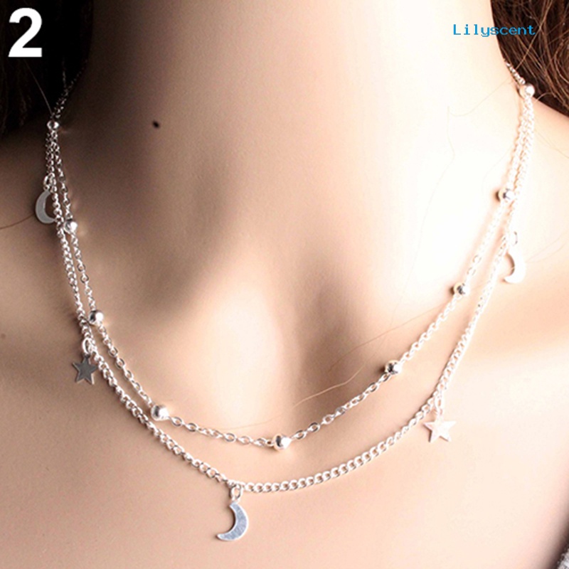 Kalung Pendek Multilayer Bentuk Bulan Sabit Dan Bintang Gaya Vintage Untuk Wanita