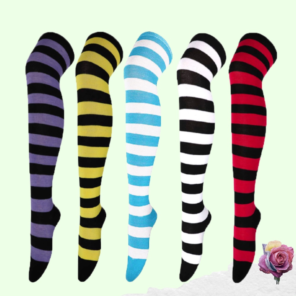 Kaos Kaki Wanita Over Knee Socks Kaos Kaki Sepaha Motif Belang-Belang Kaos Kaki Panjang