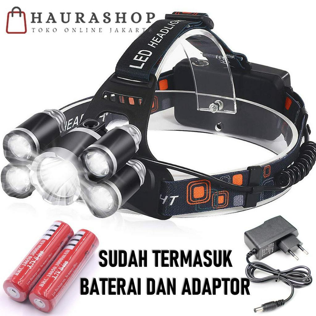 Paket Senter Kepala 5 LED Cas Super Terang XM-L T6 + 4XPE 40000 Lumens Headlamp Full Set 5 LED