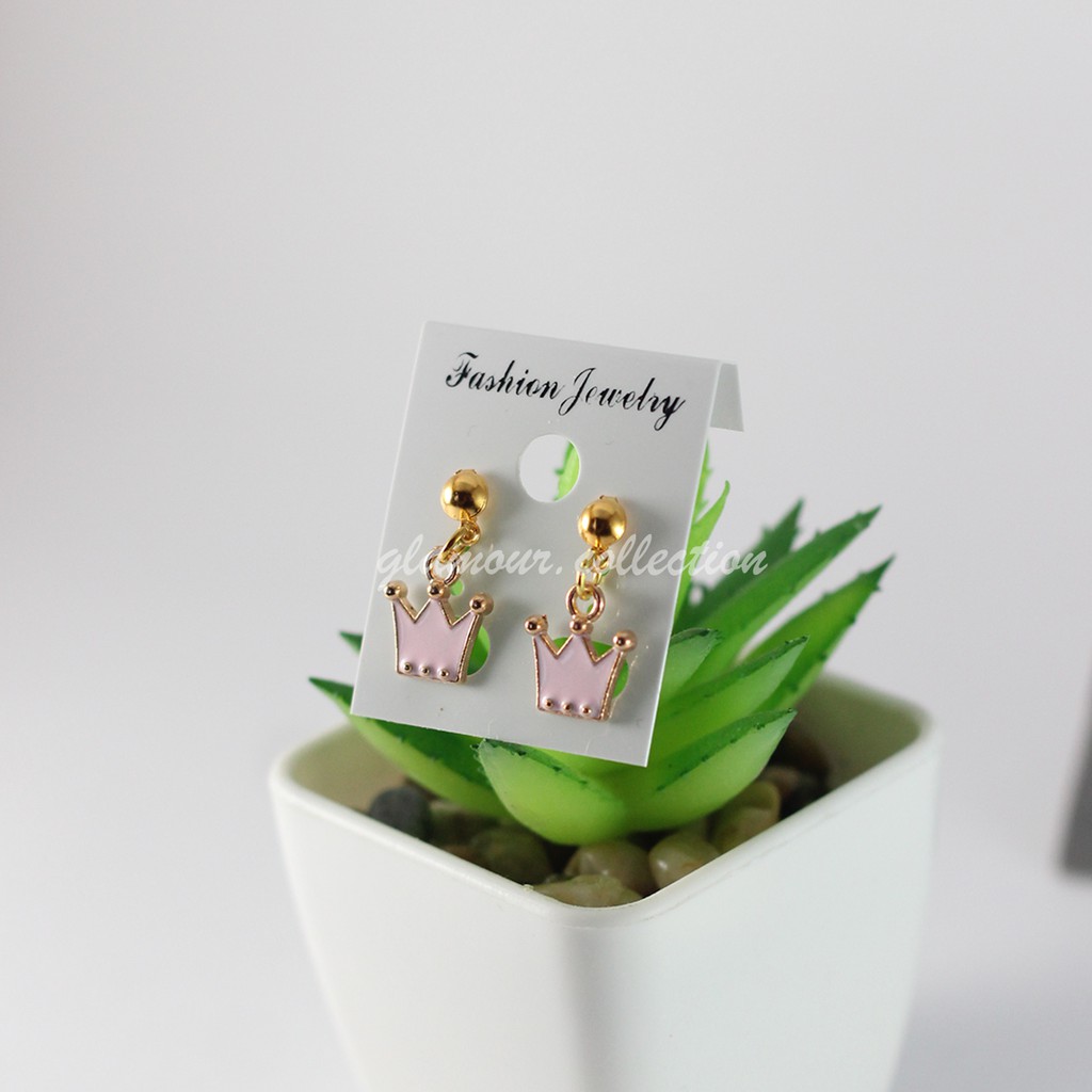 Anting Tusuk Korea Model Mahkota Warna Pink Fashion Wanita Korea