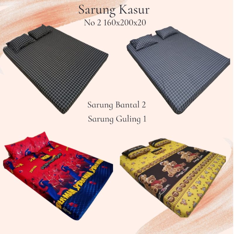 Sprei Resleting 160x200x20 Sarung Kasur Busa Set No 2 Queen Murah Karakter Motif Kotak Bahan Katun M