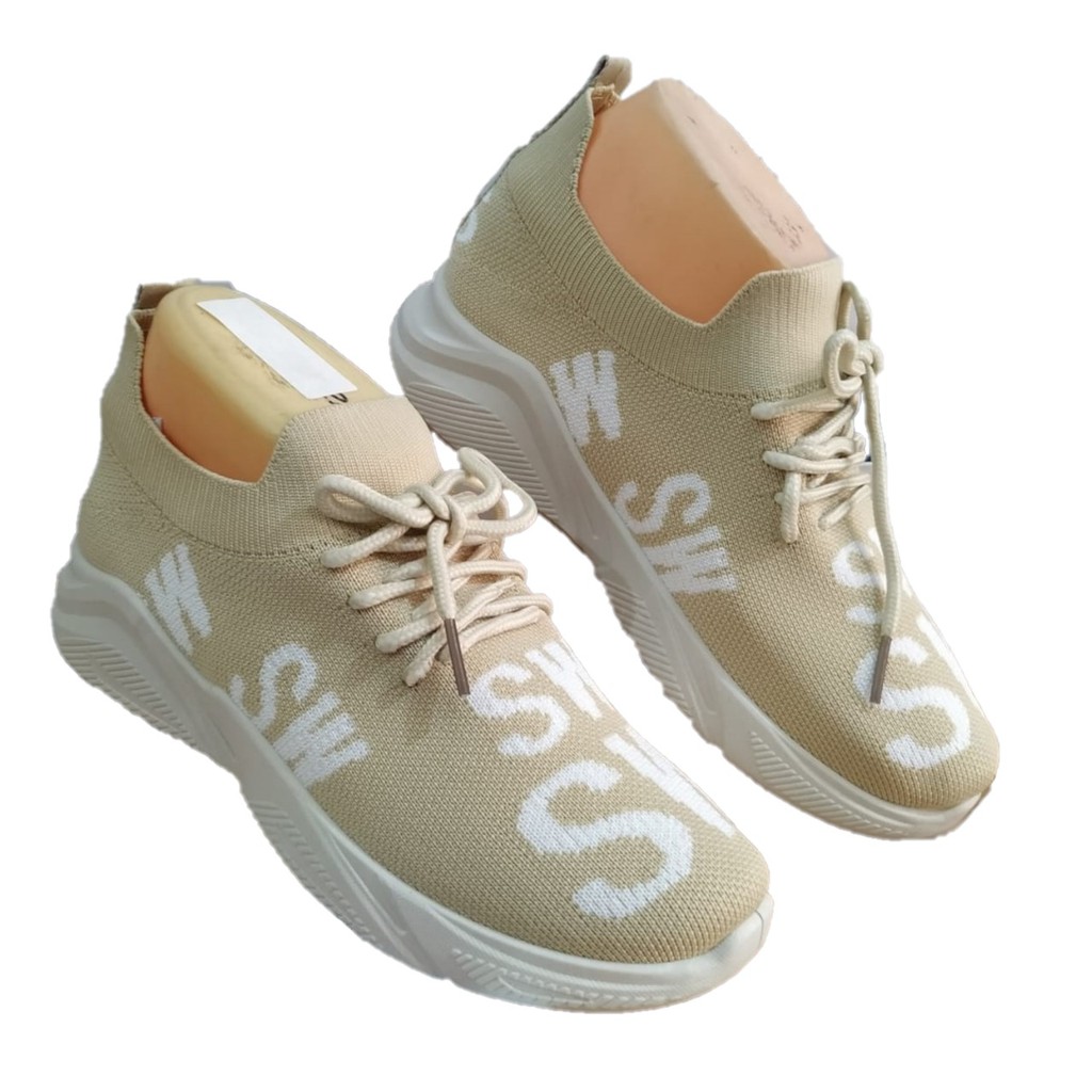 Sepatu Wanita Sneakers Tali FEATA A1025 Krem Trendy Original