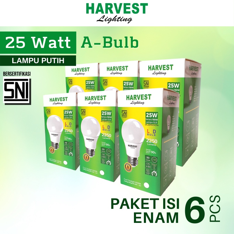 25W - Paket Isi 6 - HARVEST LIGHTING Lampu Bohlam LED A Bulb  25 Watt Lampu Hemat Energi Original Bersertifikasi SNI dan Bergaransi