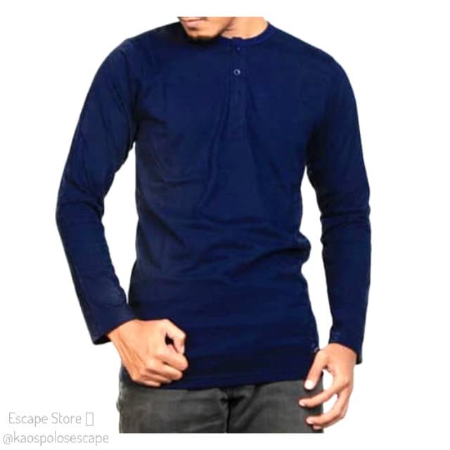 Baju Kaos Henley Berkancing LENGAN PANJANG - BIRU DONGKER