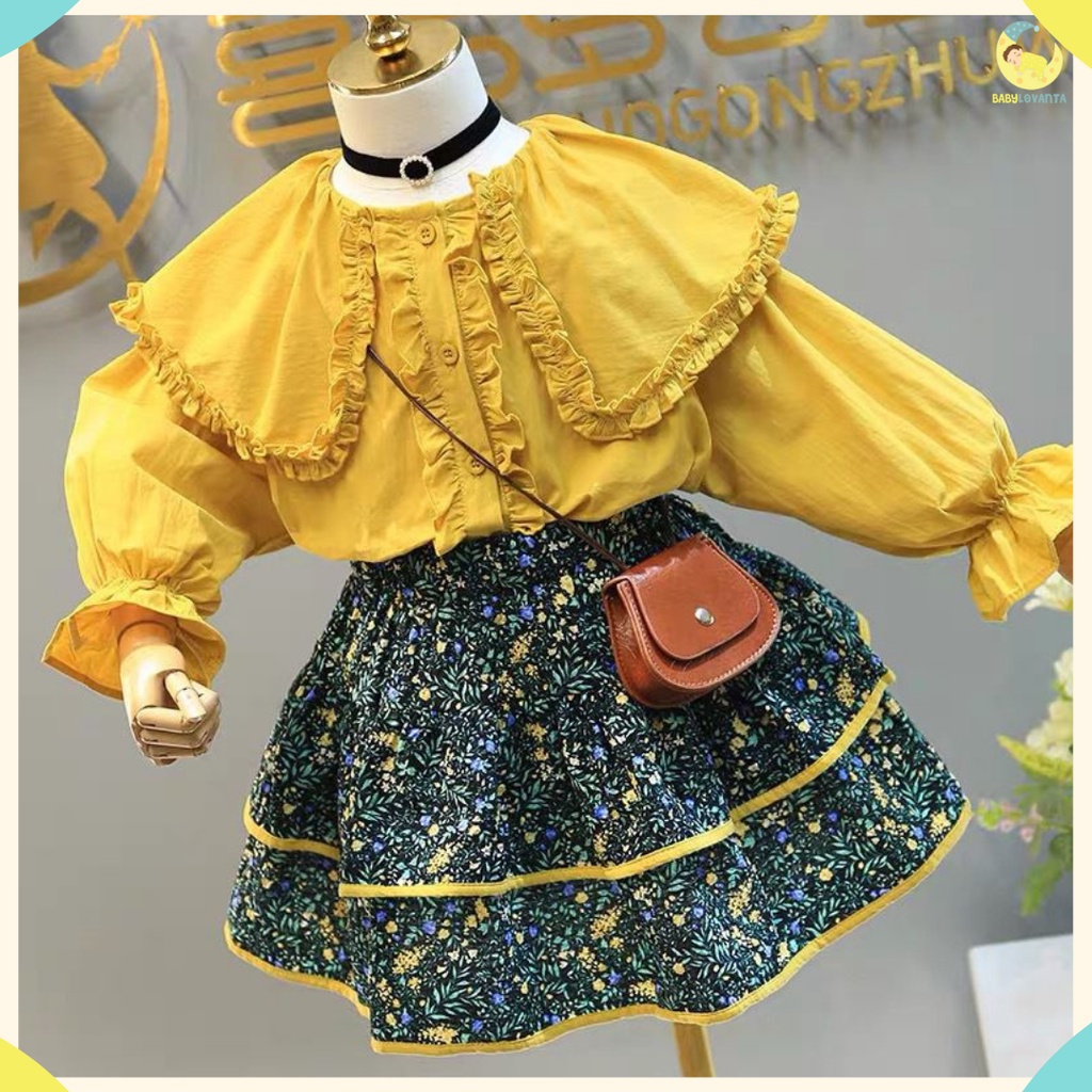 BABYLOVANTA- Setelan dress anak perempuan lucu baju baby impor premium 2-7 Tahun Dress kuning Bunga Hijau / B01